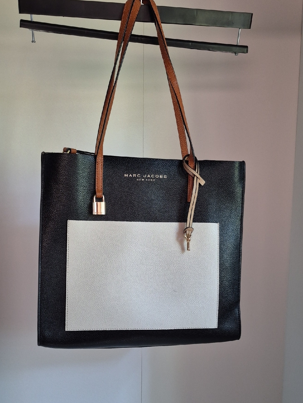 Marc Jacobs Black and White Leather Tote with Brown Straps